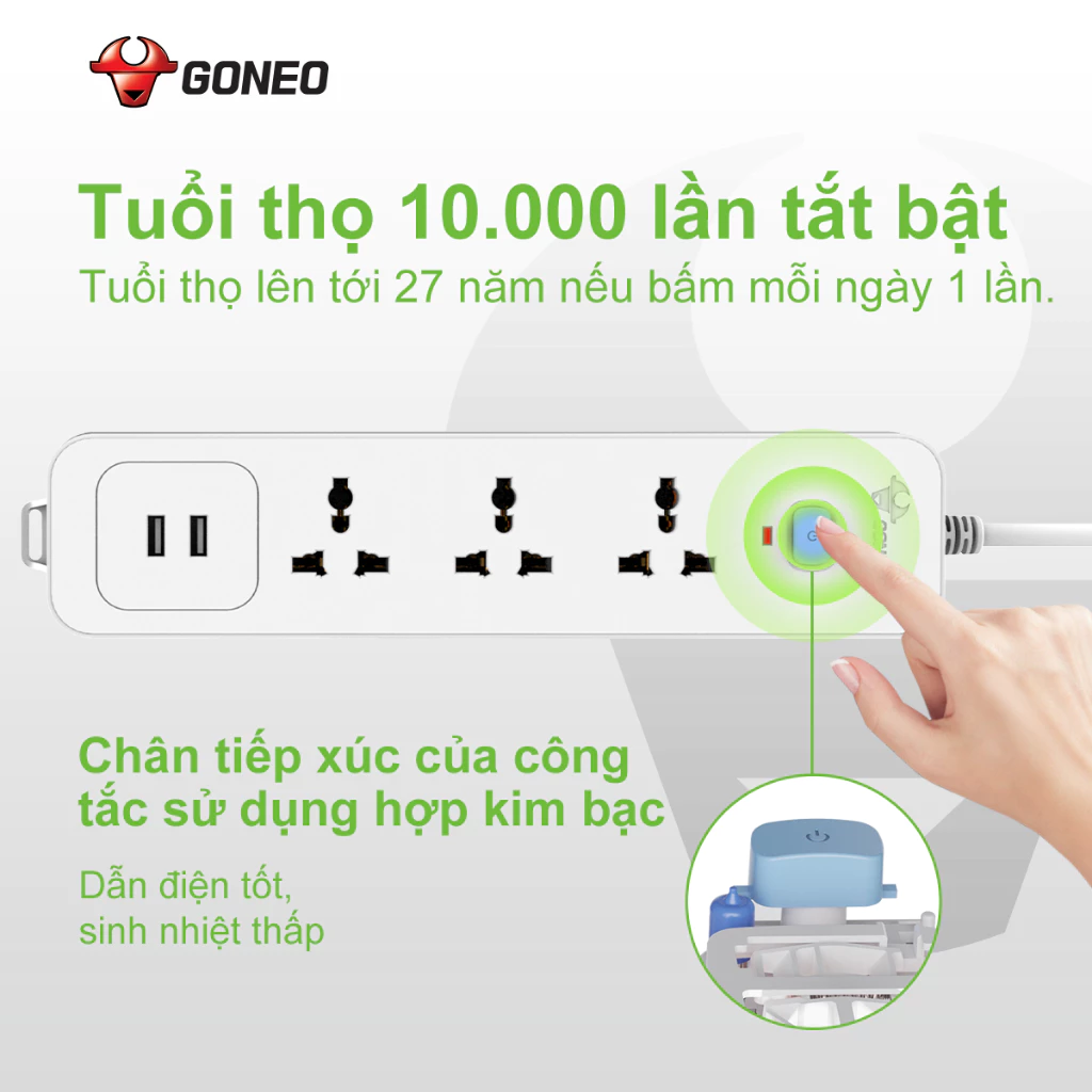 Ổ Cắm Điện GONEO 3 Ổ Đa Năng + 2 USB 1 Công Tắc – Dây Dài 1.8M | Công Suất 2500W – Chính Hãng GONEO Việt Nam