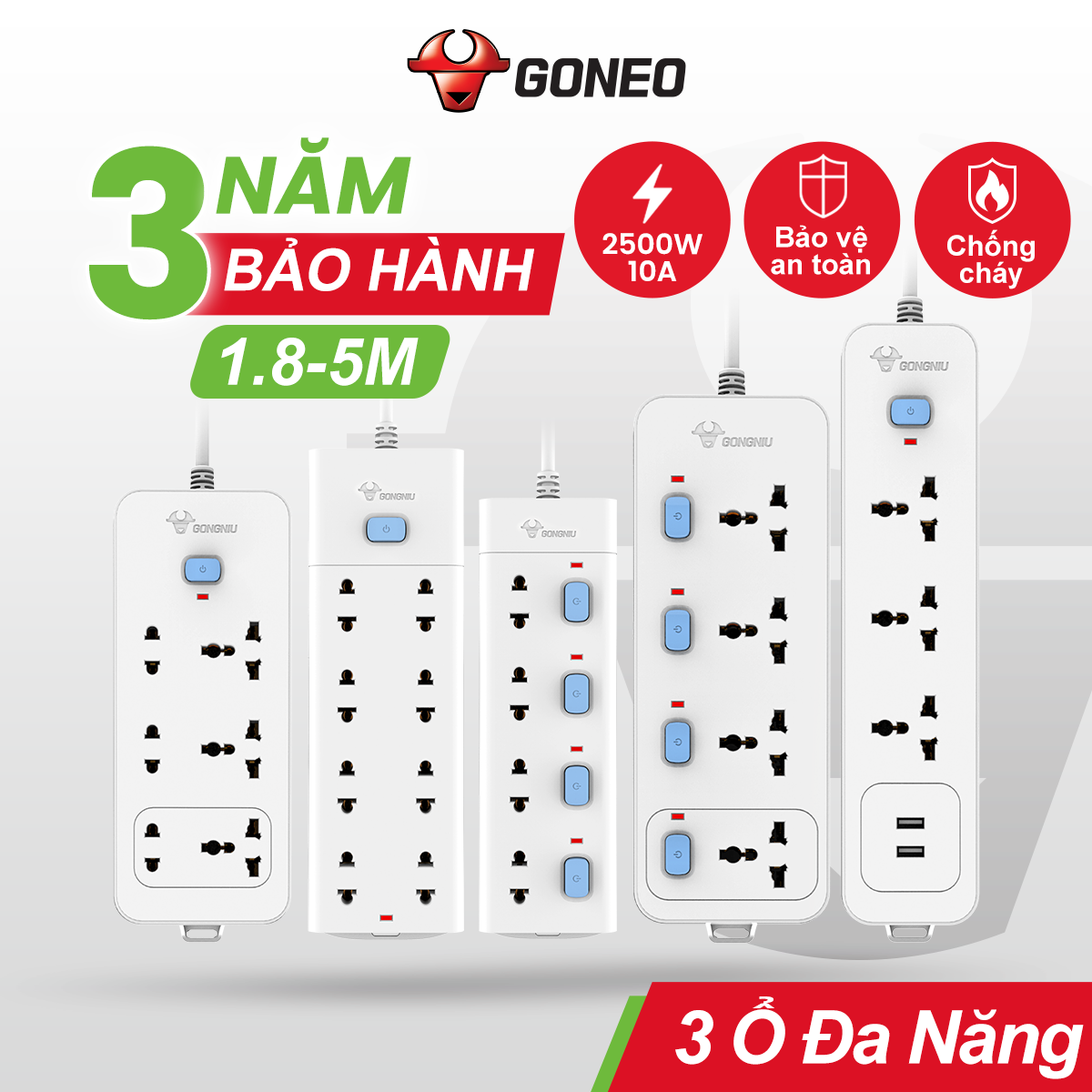 Ổ Cắm Chống Cháy GONEO Đa Năng 8 Ổ 1 Công Tắc 2500W – V1080