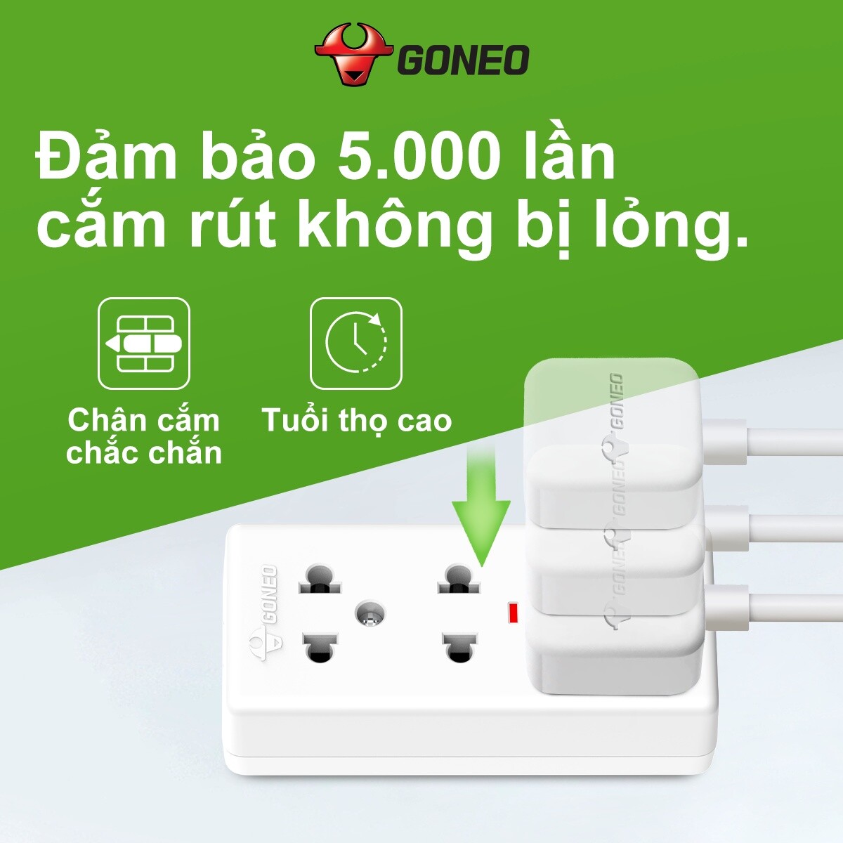 Ổ Cắm Điện GONEO W0210 – 3 Cổng An Toàn